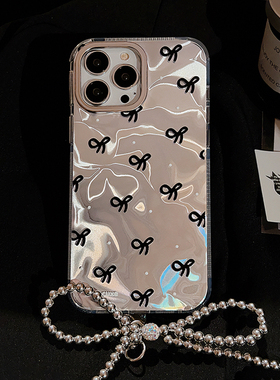 甜酷ins满屏黑色蝴蝶结适用苹果14手机壳iPhone15ProMax新款16pro防摔12女款15蝴蝶结挂件水波纹14pro保护套