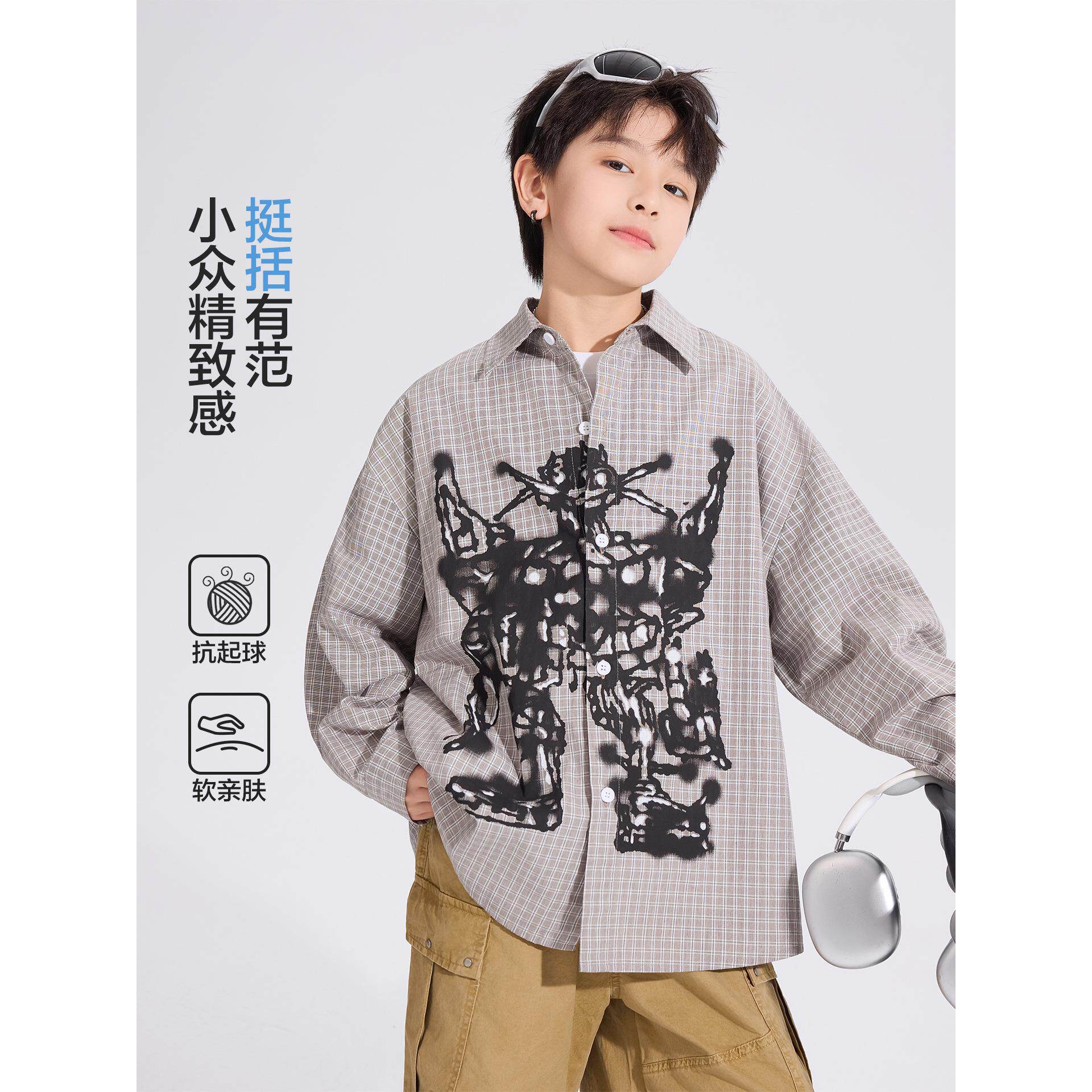 男早秋韩范纯棉涂鸦长袖格子衬款衫2026新儿童薄款宽松童衬衣外套