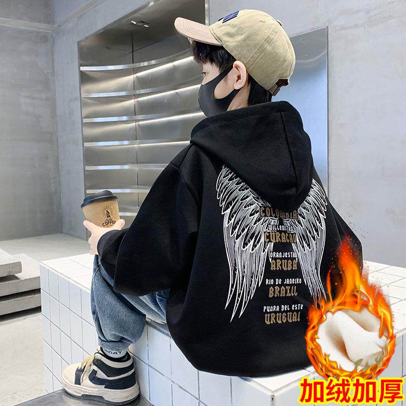 潮款男孩套装卫衣儿童中大童2025加厚冬季男童冬装上衣秋冬加绒新