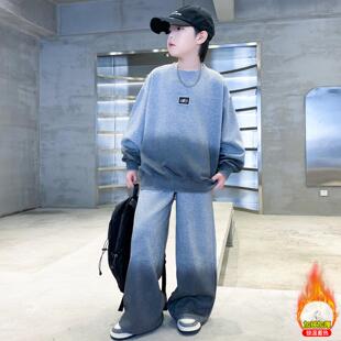 外贸男童渐变套装秋一冬款体加绒裤韩版卫衣阔腿大儿童宽松运动装