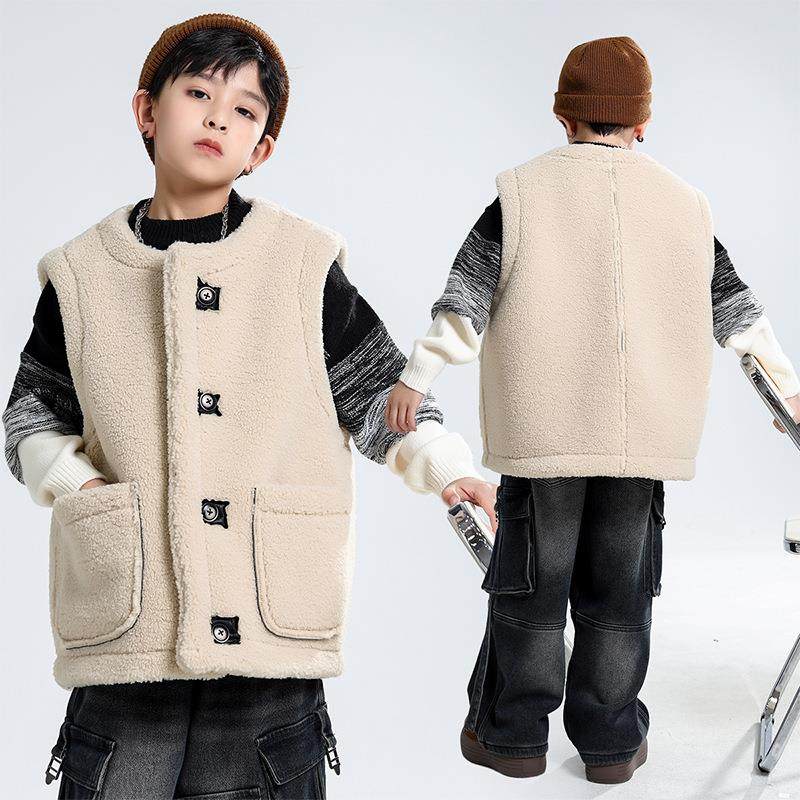童皮毛一体马甲双穿坎面肩外套男孩加绒男加厚秋冬装时尚保暖背心