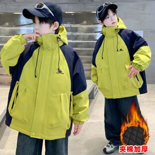 男童夹棉外套秋冬连帽冲动锋衣中大儿童韩版拼款色潮流运拉链开衫