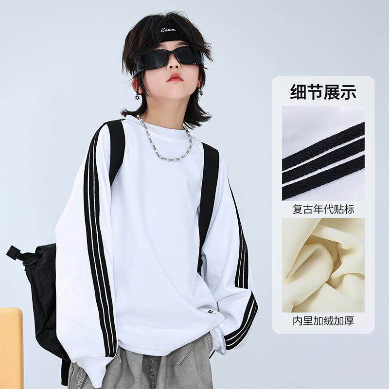 跨男童加绒卫衣休闲韩版境运动衫秋冬装潮酷男孩松宽百搭套头上衣