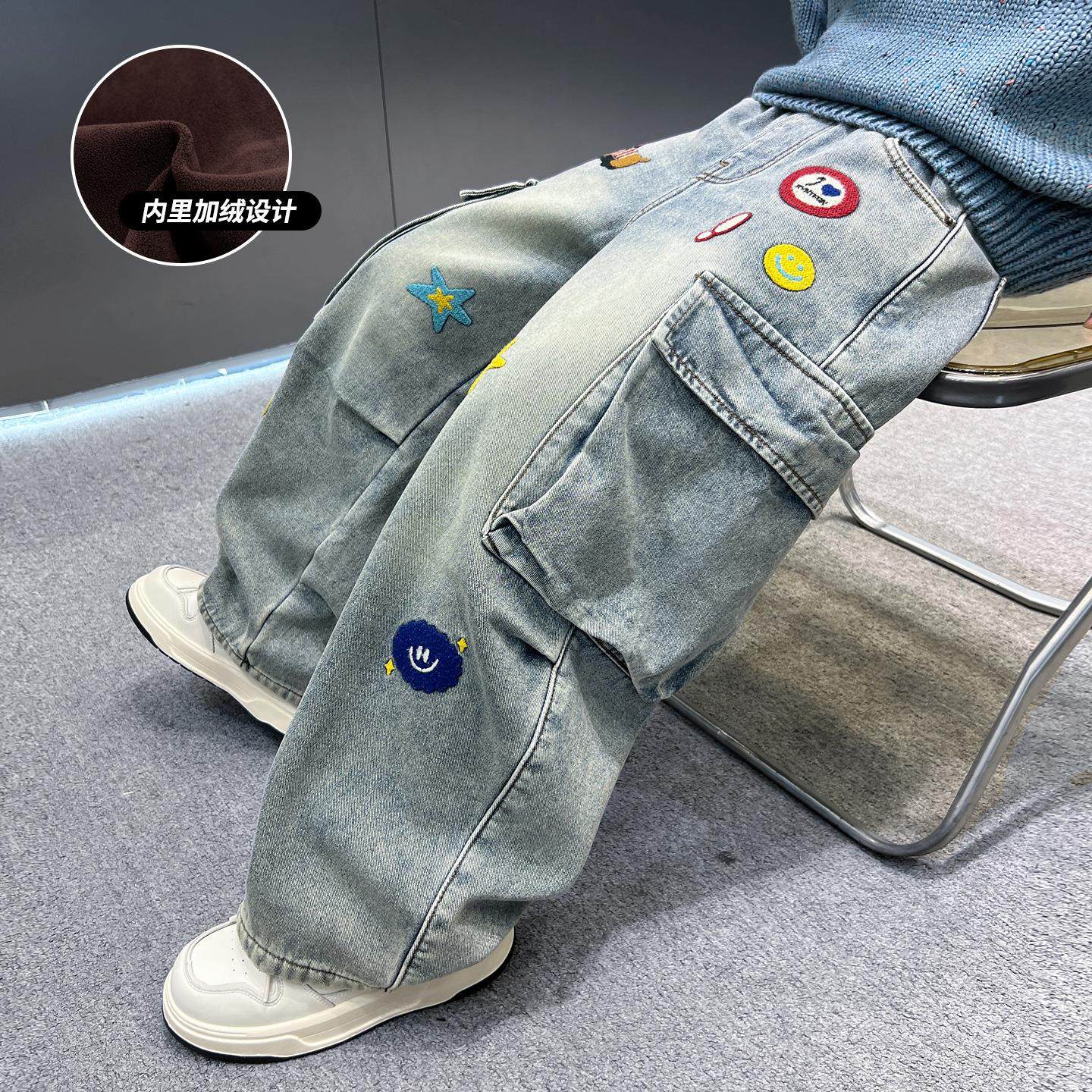 外贸潮儿牛仔髦裤秋冬款男童加绒加厚时工装童裤韩范个性直筒长裤