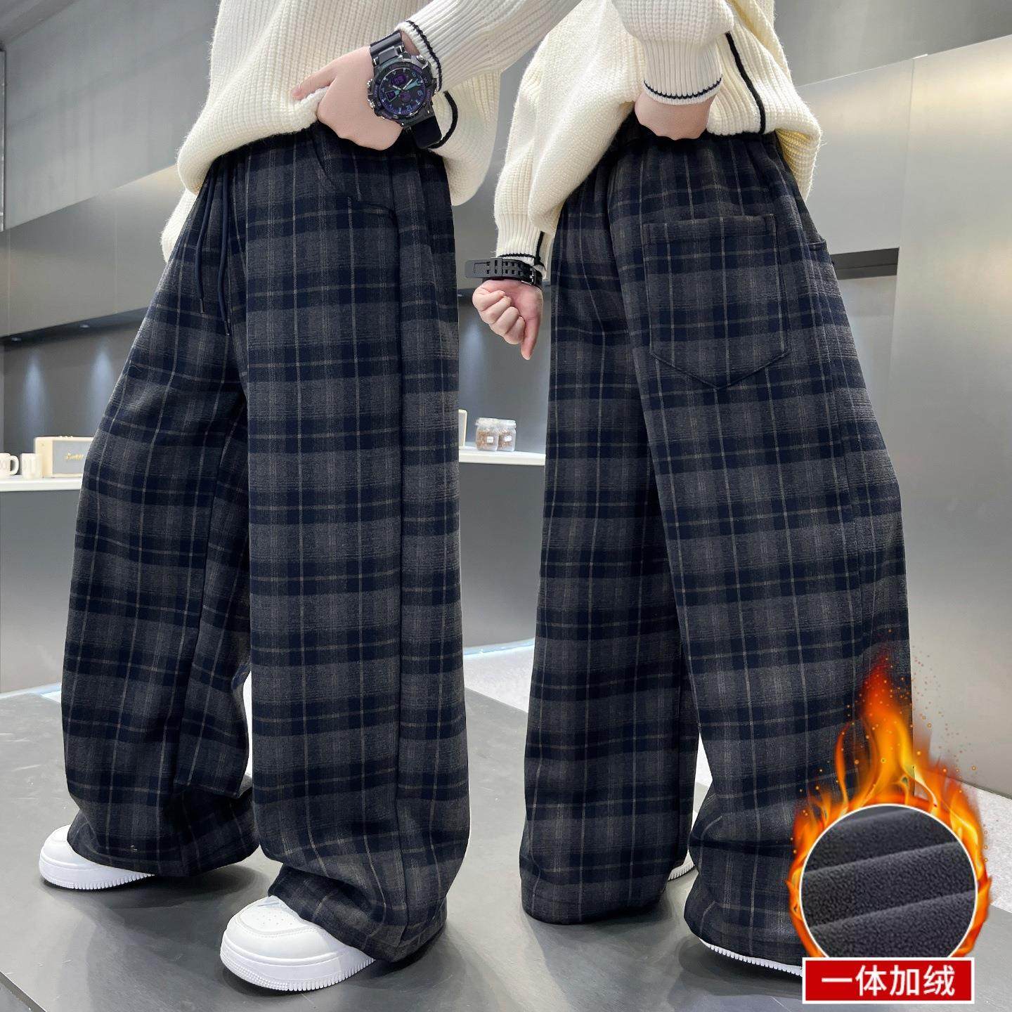 男童休闲子裤韩秋冬款加绒阔腿裤范中格大童宽松弹力抽绳运动长裤