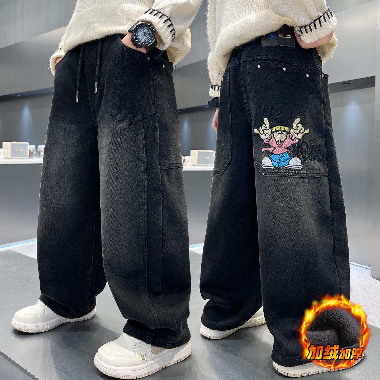 跨境牛仔裤一体男童加绒加厚秋冬潮流裤子男孩趣味休闲弯刀阔腿裤