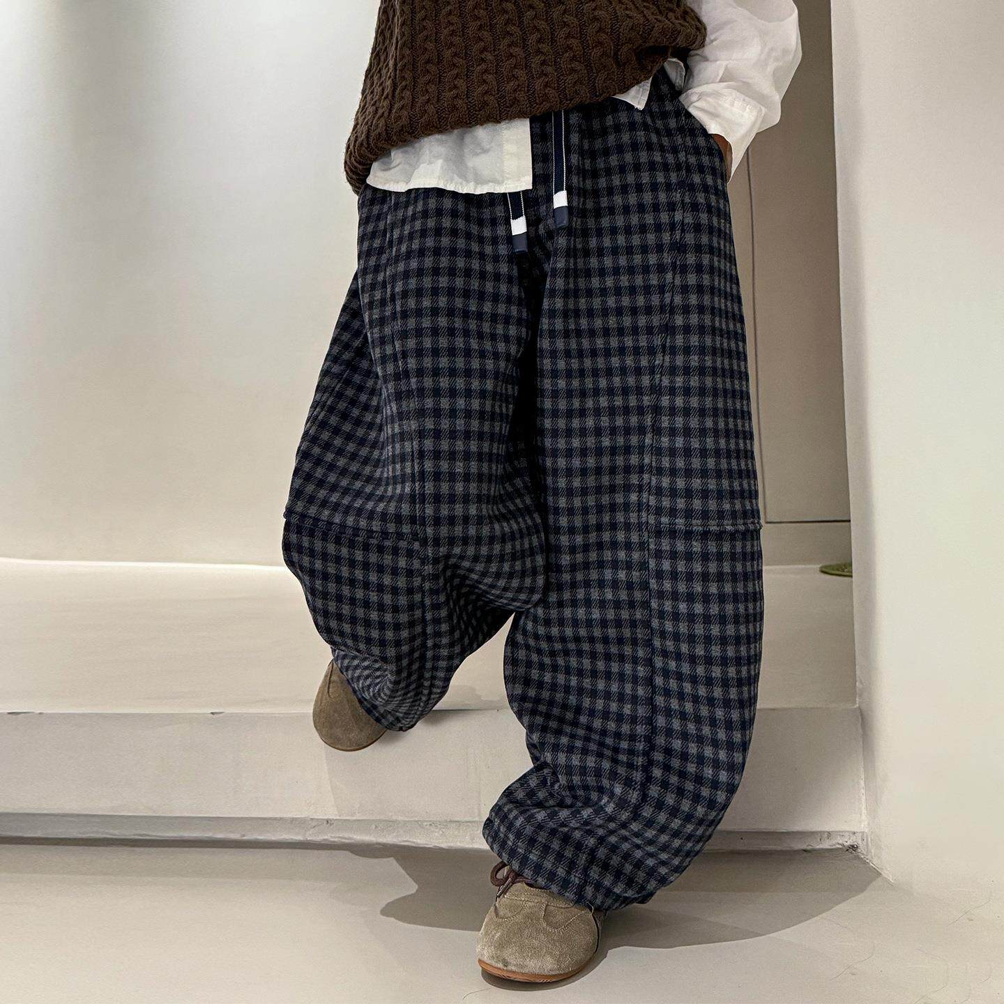 韩男童休闲格子裤加绒加厚男孩范阔腿裤中大冬童秋季洋气直筒长裤