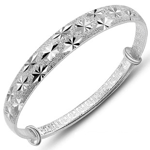 纯银手镯S999银镯子女款白银手镯满天星实心银手镯送女友妈妈手环