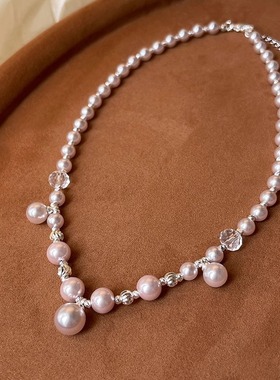 曼塔玫瑰色施家珍珠项链手链套装气质时尚白水晶渐变大小珍珠
