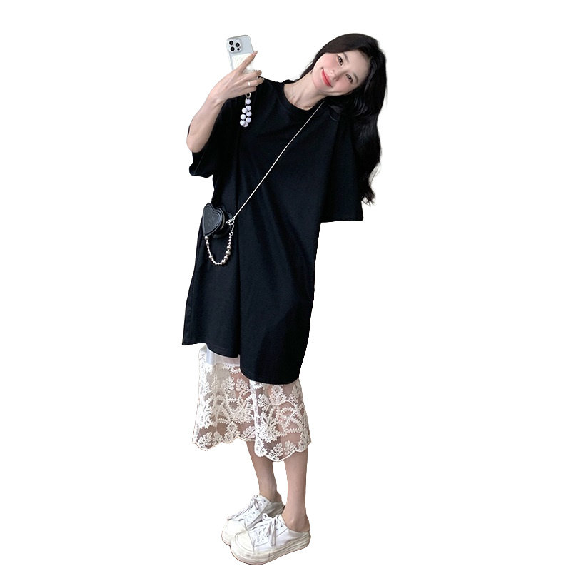 轻奢高级感重工艺蕾丝刺绣连衣裙夏新款休闲宽松黑色t恤裙,女装套装/套裙,新风尚