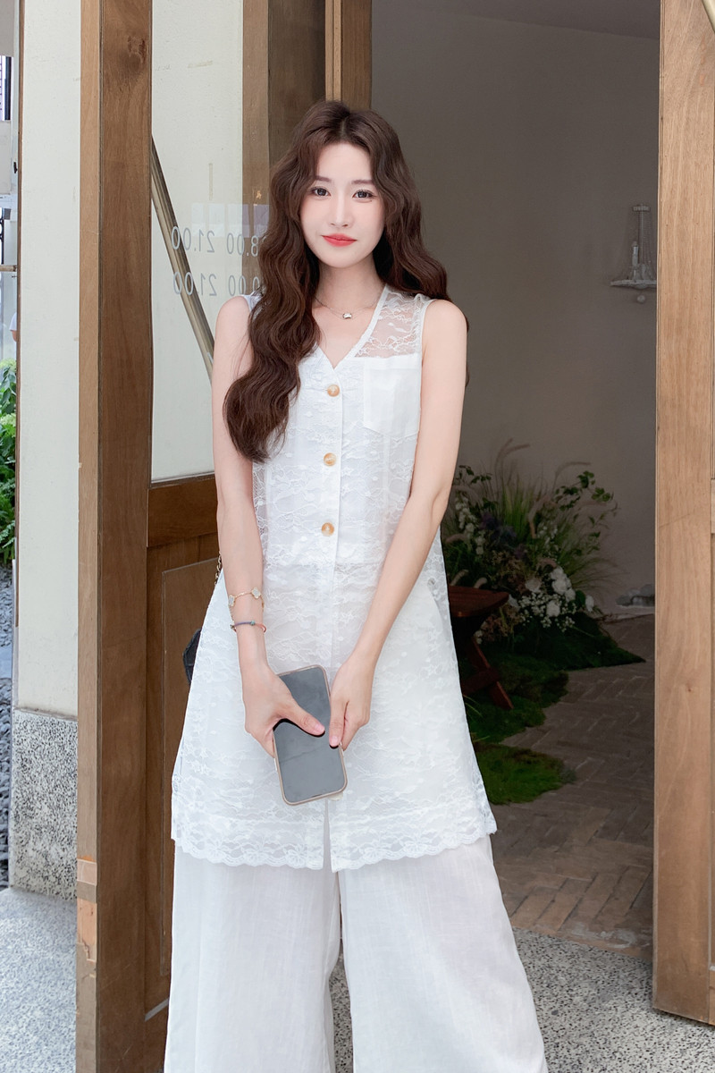 气质休闲显瘦度假风两件套女2025夏季新款蕾丝马甲罩衫阔腿裤套装,女装套装/套裙,2C252