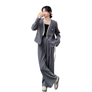 灰色西装套装女2025新款春季高级感洋气时尚时髦气质阔腿裤两件套图片