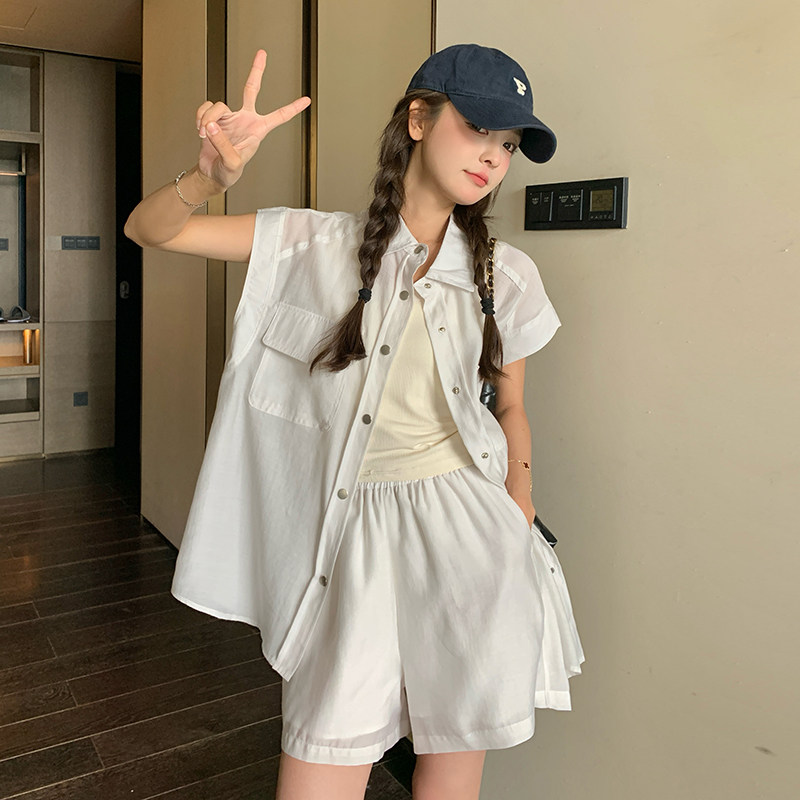 白色炸街时尚套装女小个子夏季新款学院风休闲无袖衬衫短裤两件套,女装套装/套裙,新风尚