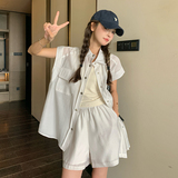白色炸街时尚套装女小个子夏季新款学院风休闲无袖衬衫短裤两件套，女装套装/套裙，新风尚
