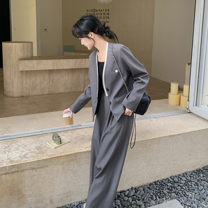 灰色西装套装女2025新款春季高级感洋气时尚时髦气质阔腿裤两件套图片