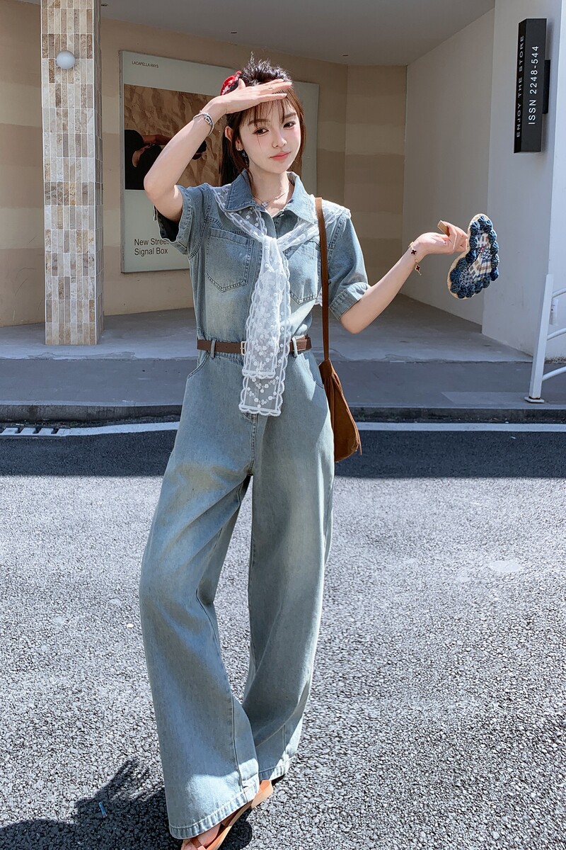 法式气质牛仔连体裤女夏2025新款收腰显瘦气质独特绝美百搭连衣裤,女装连体裤,新风尚