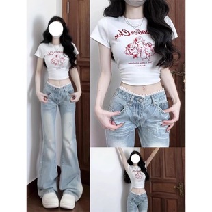 浅色蕾丝拼接微喇牛仔裤女2025夏季新款低腰宽松显瘦阔腿喇叭裤