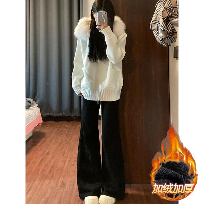 加绒加厚黑色不贴腿阔腿牛仔裤女冬季新款宽松显瘦不贴腿喇叭长裤