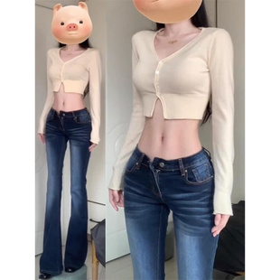 复古低腰微喇牛仔裤女2026春季新款紧身弹力显瘦直筒喇叭长裤子潮