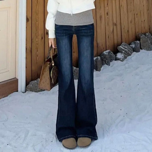 美式复古深蓝水洗高腰微喇牛仔裤女2026春季新款拖地马蹄裤子ins