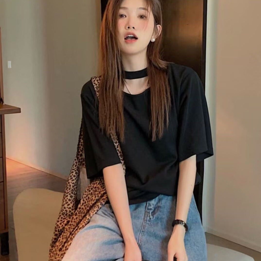 挂脖镂空黑色短袖T恤女气质显瘦宽松纯棉半袖休闲韩版小众设计感