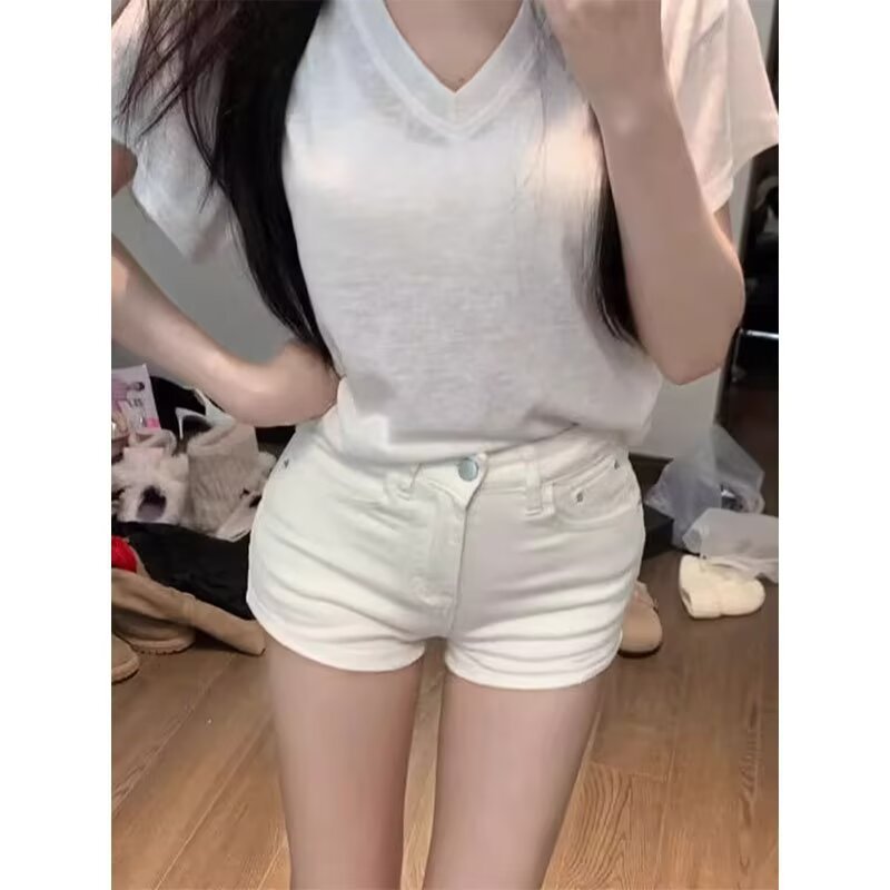 小个子美式辣妹白色牛仔短裤女2025夏季新款高腰紧身显瘦包臀热裤