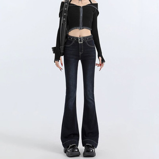 高街辣妹韩版微喇牛仔裤女韩版高腰配带腰带设计感喇叭牛仔裤ins