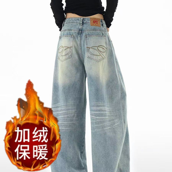 复古口袋刺绣牛仔裤女