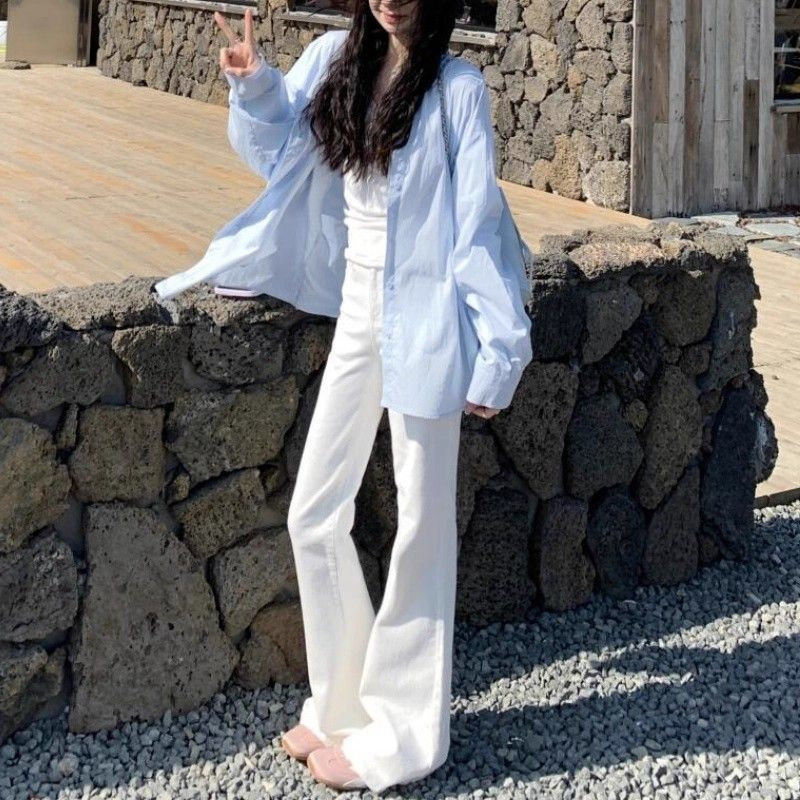 白色微喇直筒牛仔裤女2026春季韩版新款高腰显瘦遮胯喇叭长裤子潮