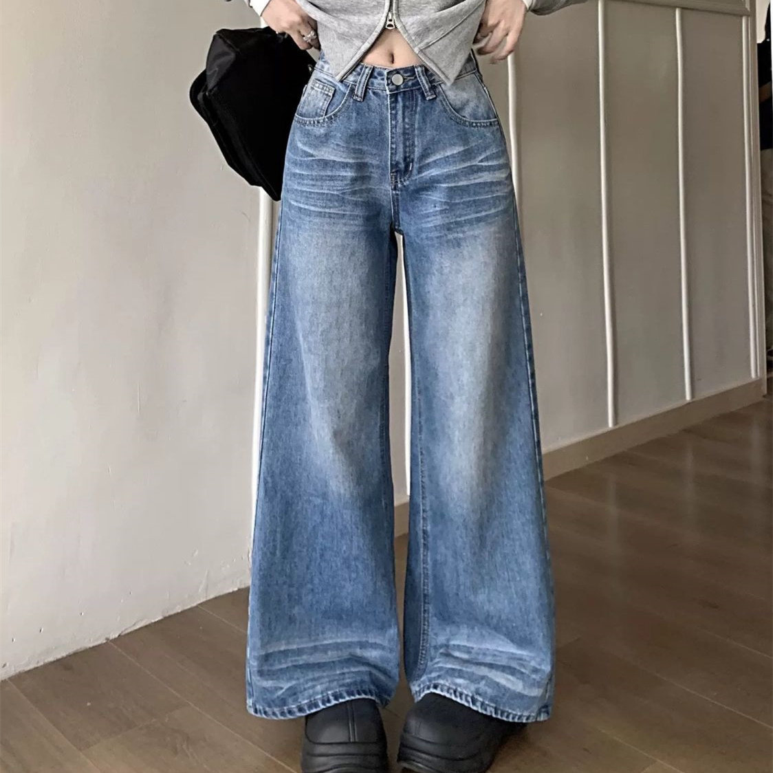 美式复古水洗痕阔腿牛仔裤女2026春季新款高腰宽松拖地裤子ins潮