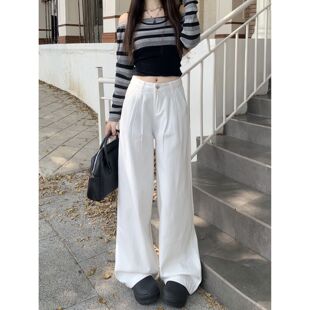 加长白色褶皱阔腿牛仔裤女2026春季新款高腰宽松垂感直筒拖地裤潮