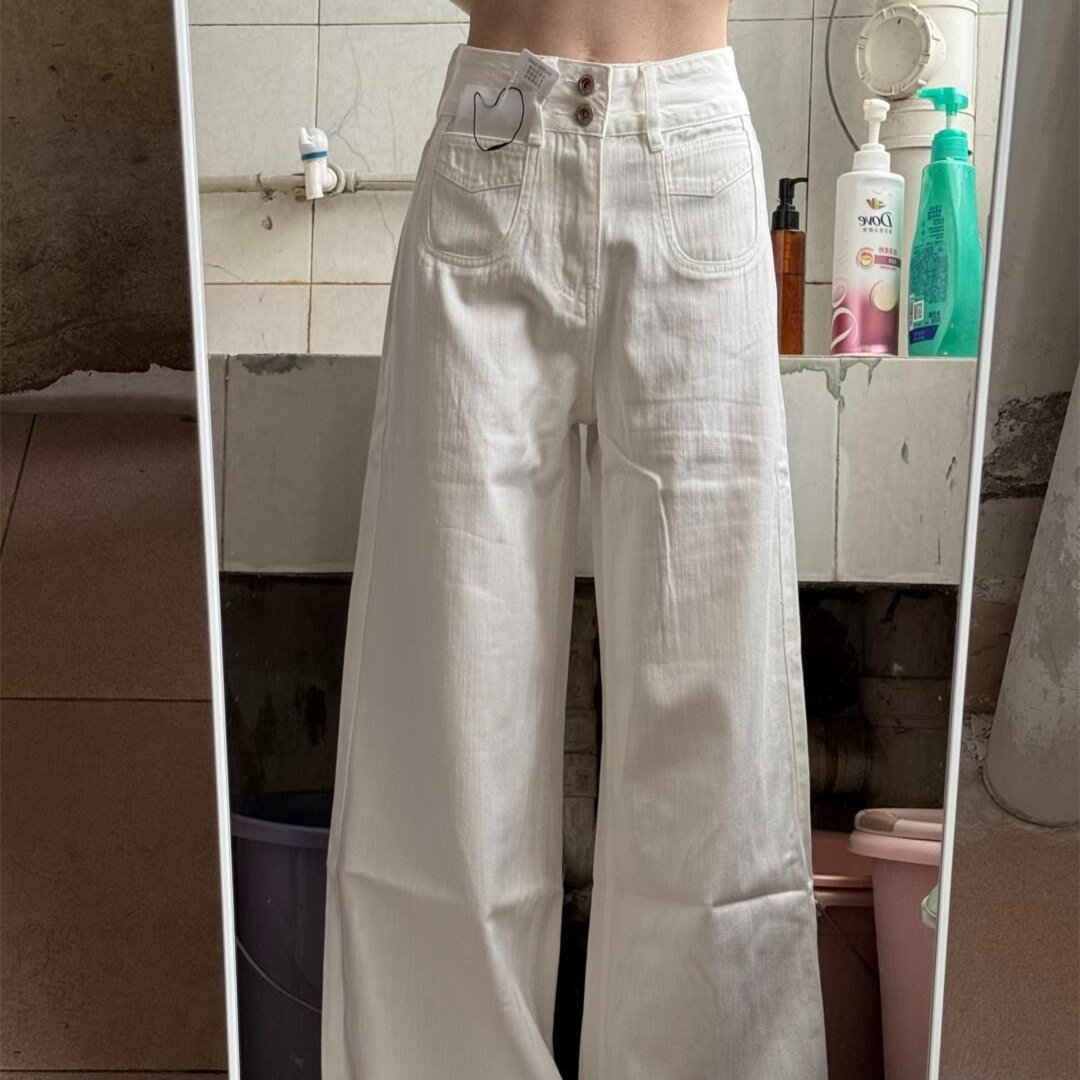高街阔腿白色双扣牛仔裤女2026春季新款显瘦高腰宽松直筒拖地裤子