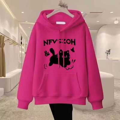 火龙果色连帽美式卫衣猫咪印花