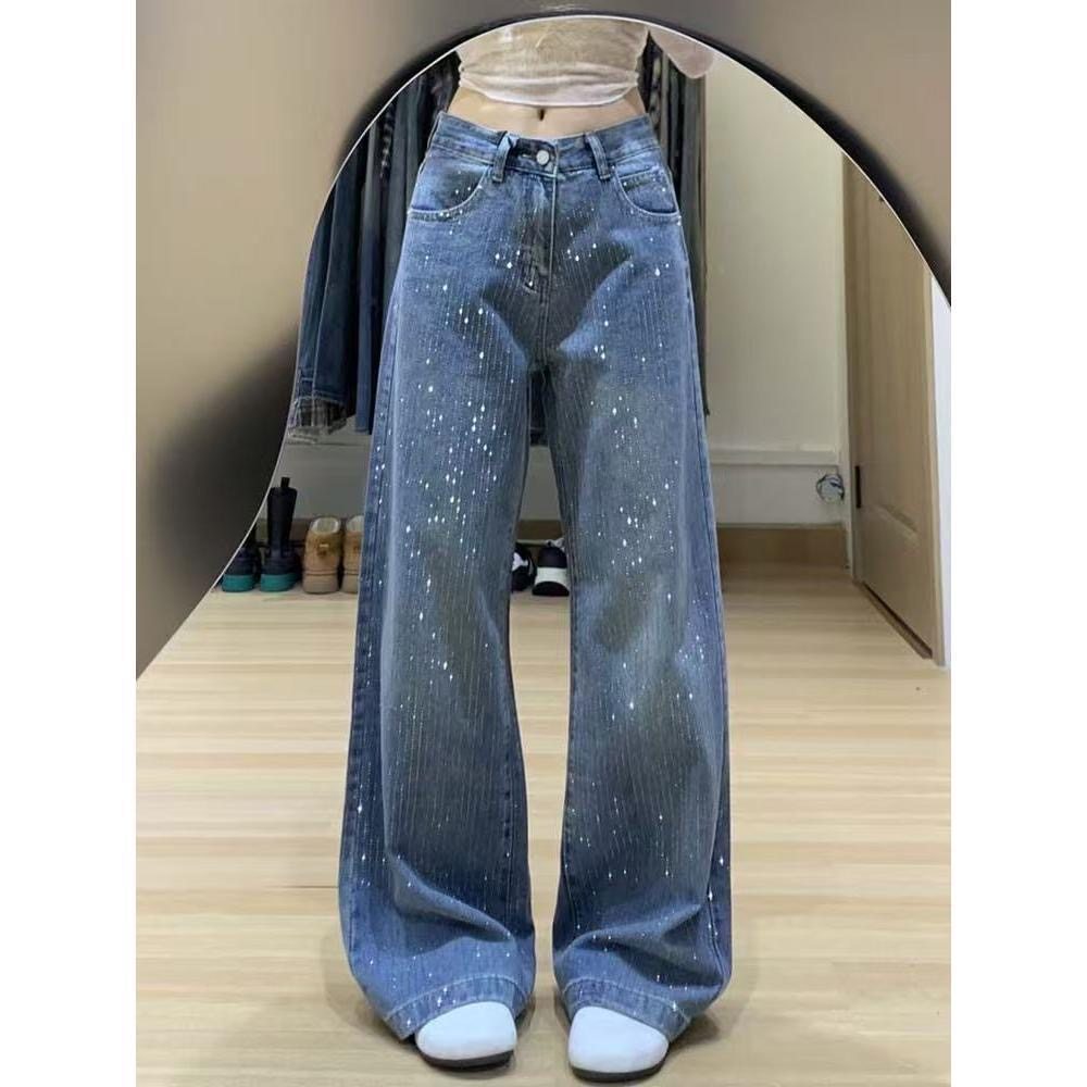 美式复古水洗烫钻直筒牛仔裤女2026新款高腰宽松显瘦阔腿拖地长裤