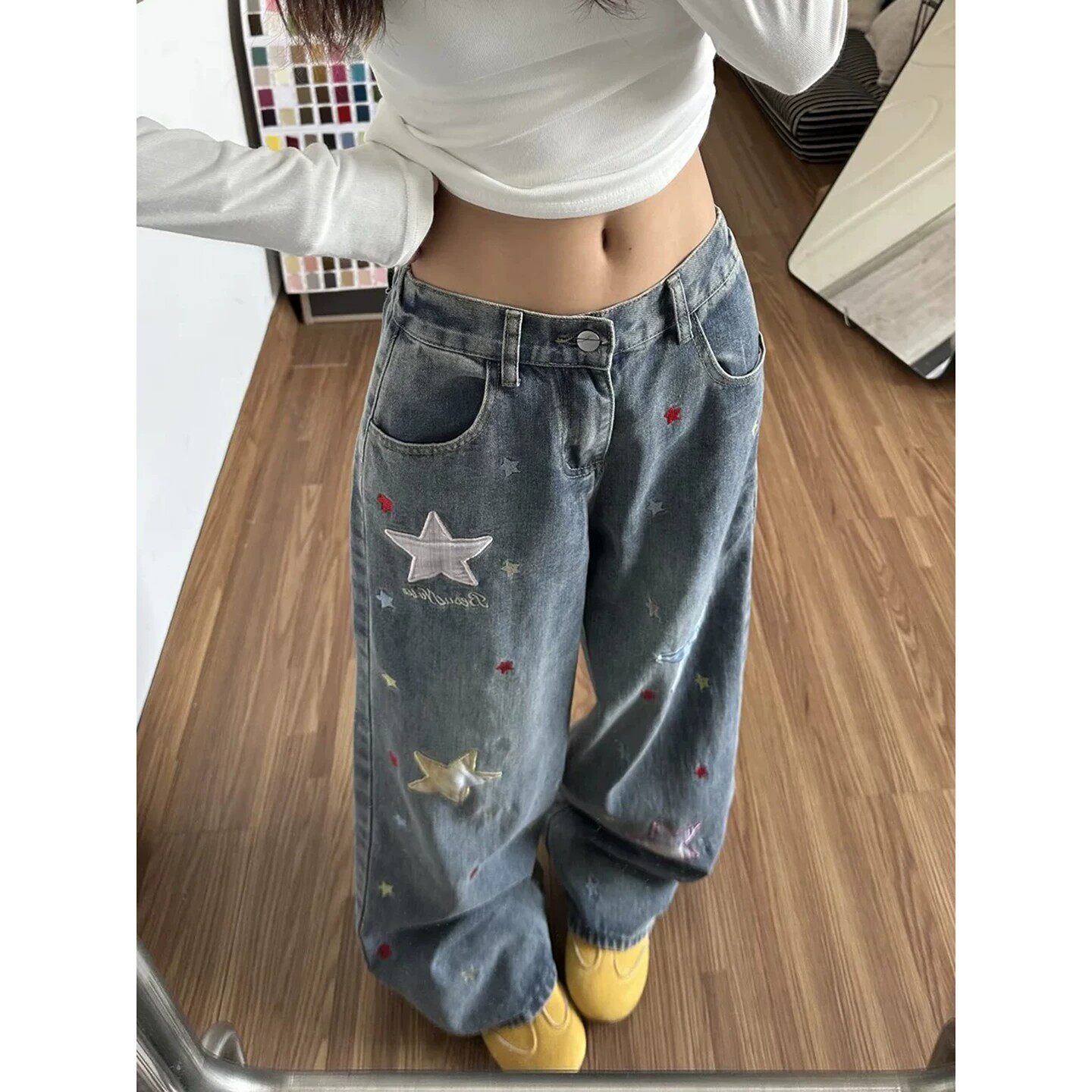 复古做旧星星贴布牛仔裤男女美式宽松百搭休闲裤直筒显瘦阔腿裤子