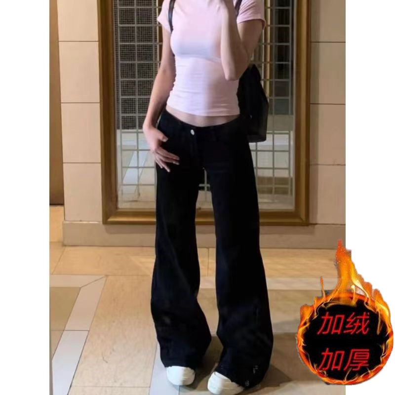加绒加厚显瘦微喇叭牛仔裤女秋冬新款拖地低腰直筒百搭黑色直筒裤
