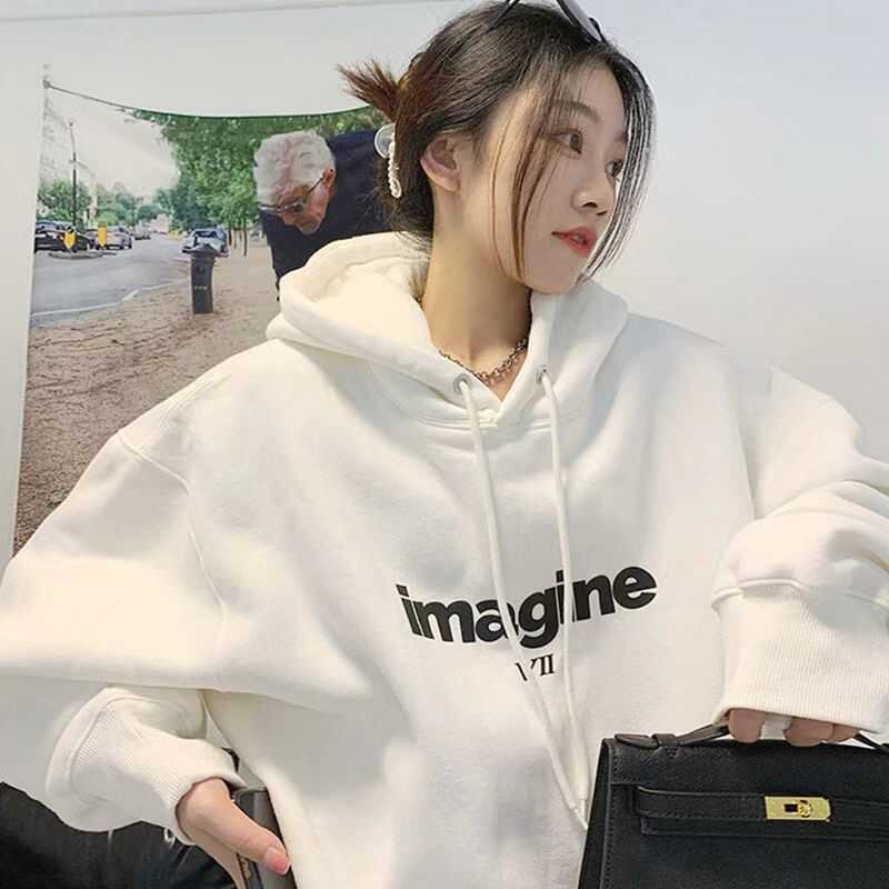 白色连帽卫衣女秋冬季薄款2024新款爆款宽松中长款加绒慵懒风外套