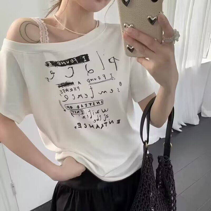 欧洲站短袖T恤女2025夏季韩版街头风英文印花百搭宽松显瘦斜领ins