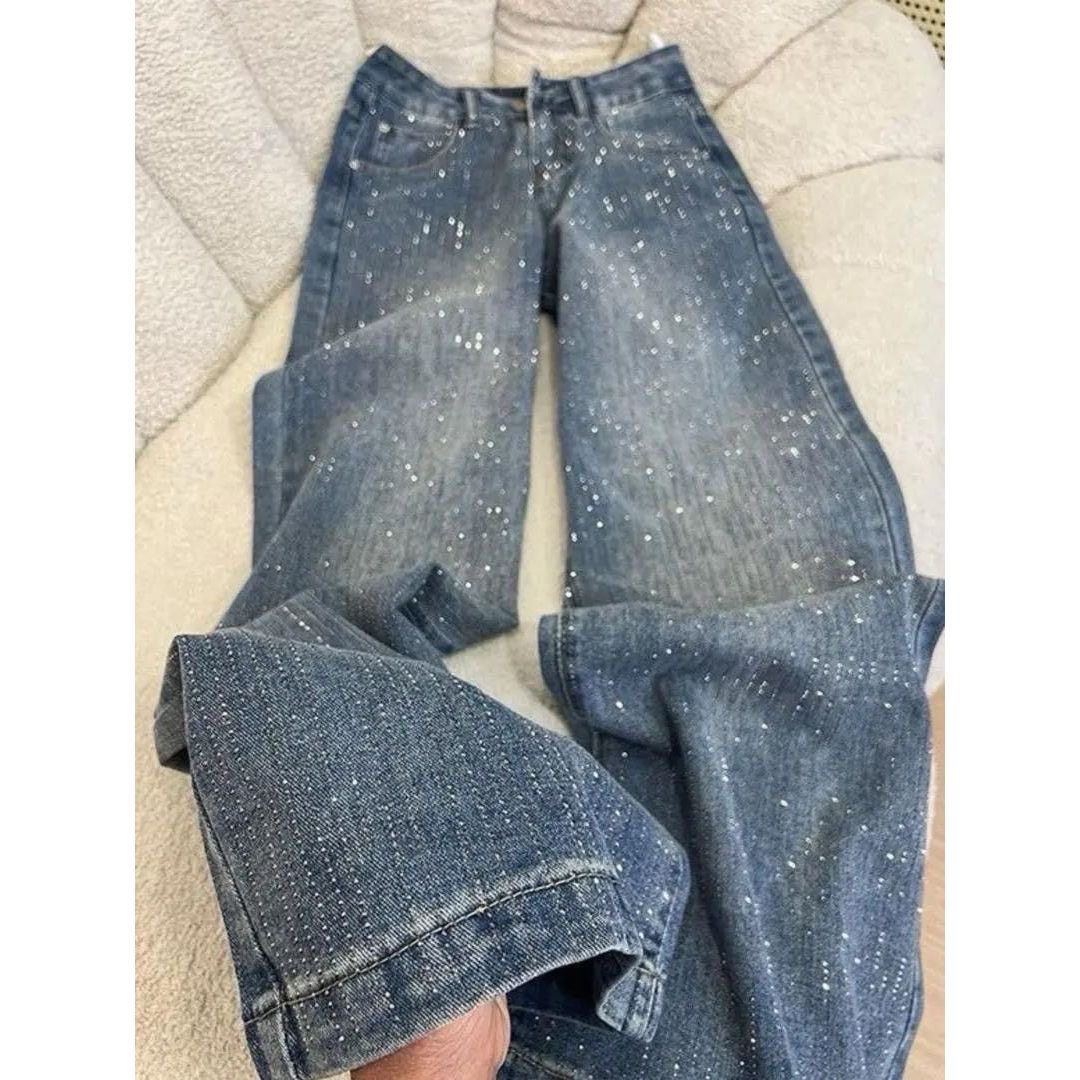 满天星爆闪烫钻2026年春季新款韩版高腰宽松直筒阔腿拖地牛仔裤女