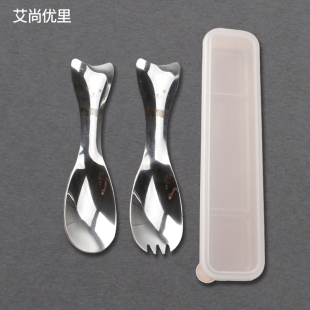 一体304不锈钢 创意卡通歪头勺叉儿童叉勺一体餐具汤匙饭勺茶叶勺
