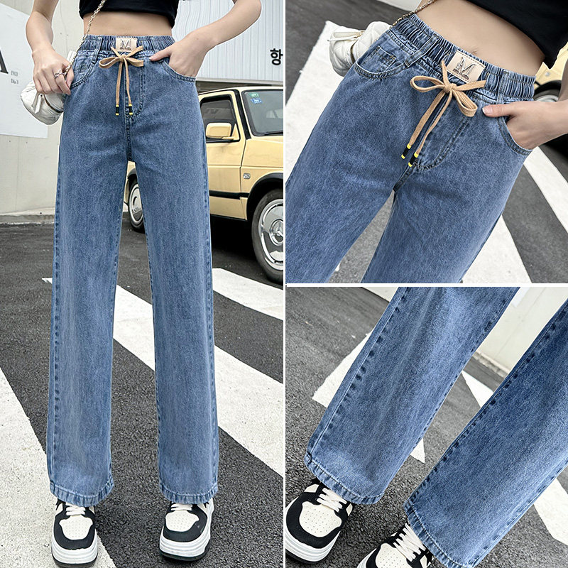 松紧腰阔腿牛仔裤女2025年春季新款系绳直筒宽松窄版小个子拖地裤,女装/女士精品,牛仔裤,淘宝优惠券,粉丝福利购,淘宝优惠卷