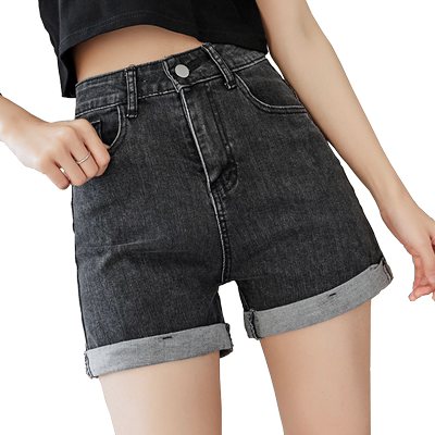 卷边牛仔短裤女显瘦烟灰色弹力薄