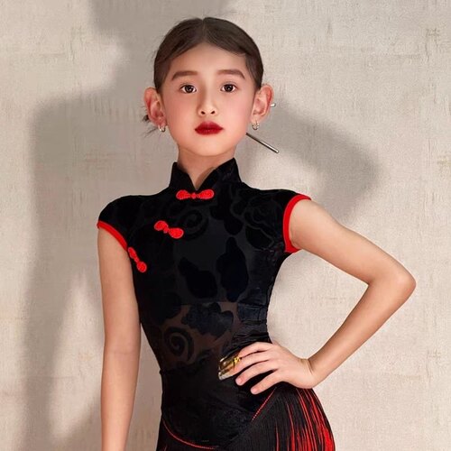 2025春夏新款女童拉丁舞服无袖古风旗袍流苏半裙演出服练功服套装