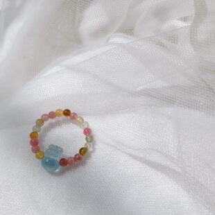 天然海蓝宝貔貅雕刻戒指简约冰透碧玺弹力可调节指环精致轻奢设计