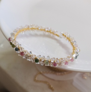 小香风手镯天然碧玺原创手作设计14k包金奥地利水晶手链清透款女