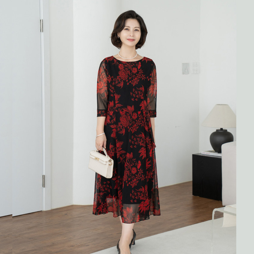韩国妈妈装七分袖连衣裙2025春大码女装圆领印花网纱裙OP2503013