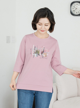 韩国妈妈装长袖七分T恤2025春大码女装圆领宽松休闲上衣TE2503088