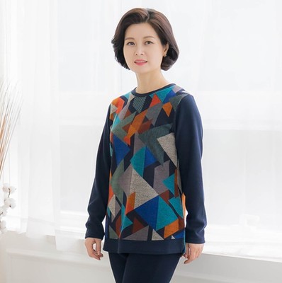 韩国圆领t恤长袖几何图案妈妈装
