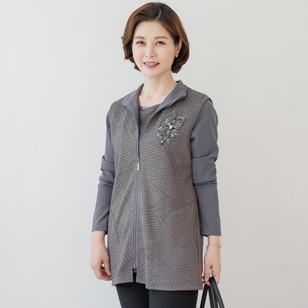 韩国秋季妈妈装T恤马夹真两件套中老年女装