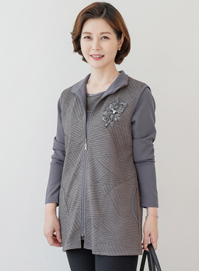 韩国秋季妈妈装T恤马夹真两件套宽松立领中年女装纯色SET2308001